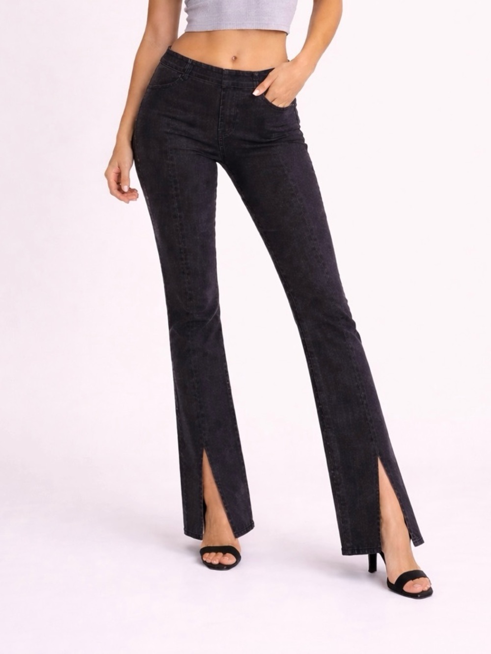 We The Free Black Skinny Flared Jeans with Front Slit